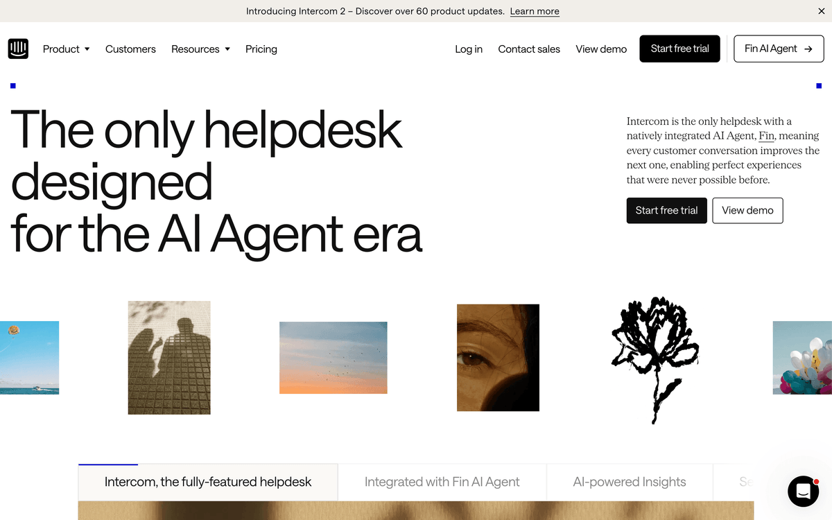 Intercom Articles knowledge base software first screen showing the Messenger and AI-assisted answers