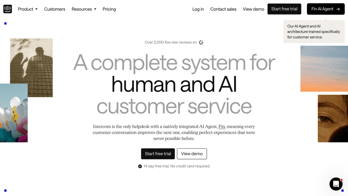 Página inicial do Intercom mostrando uma plataforma de atendimento AI-first com tours de produto e onboarding dentro do messenger