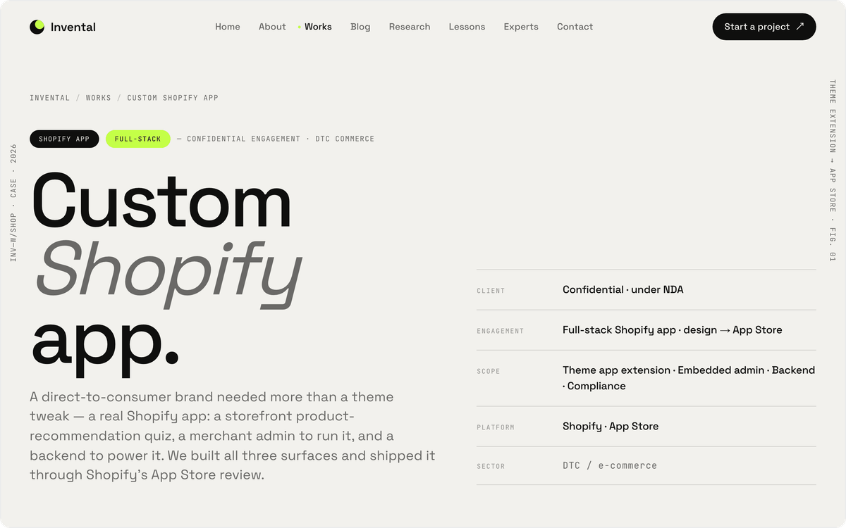 Invental custom Shopify app case study, first screen