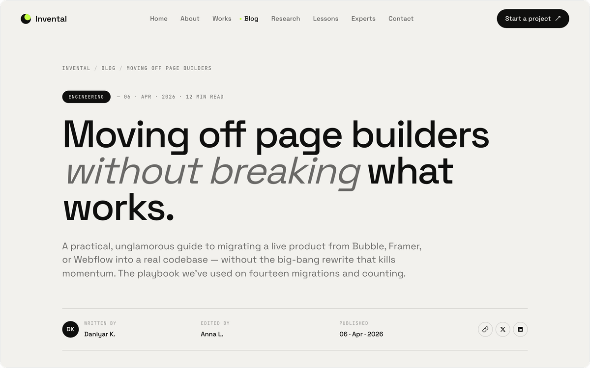 Invental guide to moving a live product off Bubble, Framer or Webflow, first screen