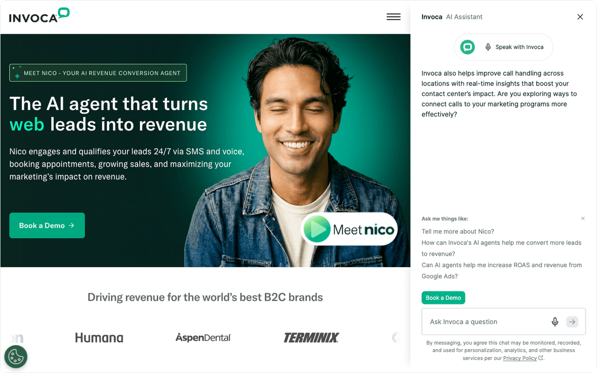 Invoca hero section showing enterprise AI call intelligence and conversation analytics