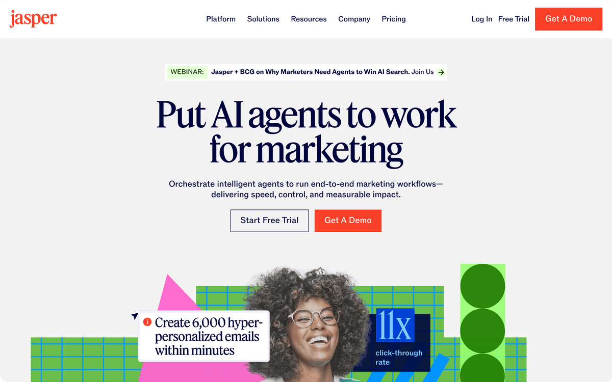 Jasper AI writing tool homepage and product interface