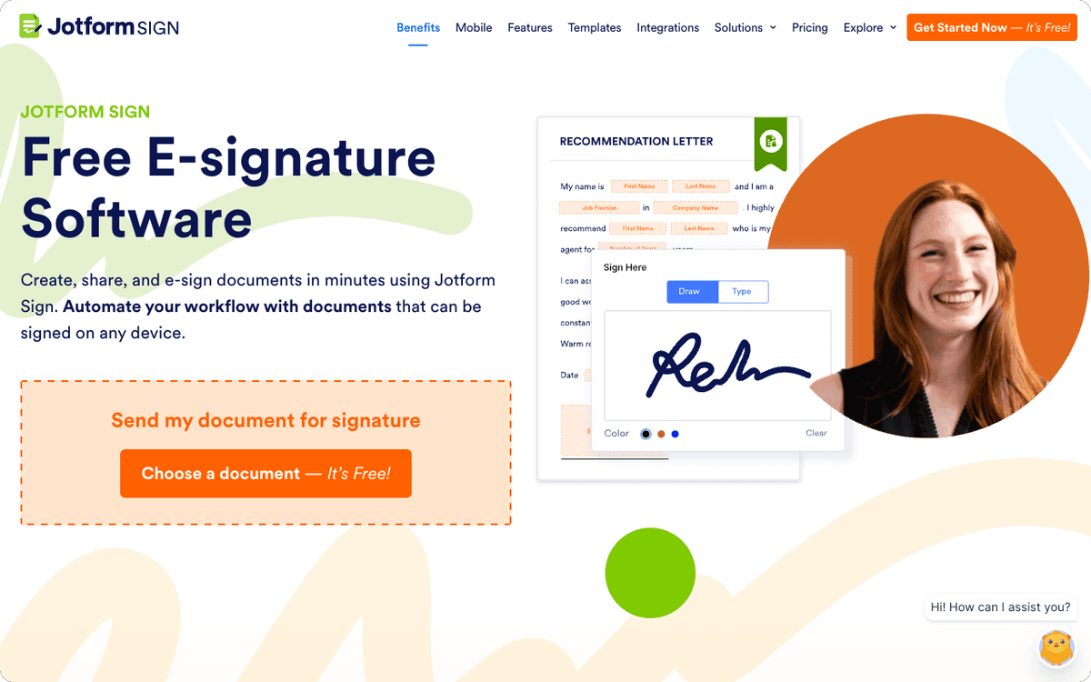 Jotform Sign homepage screenshot showing the form and signature builder platform