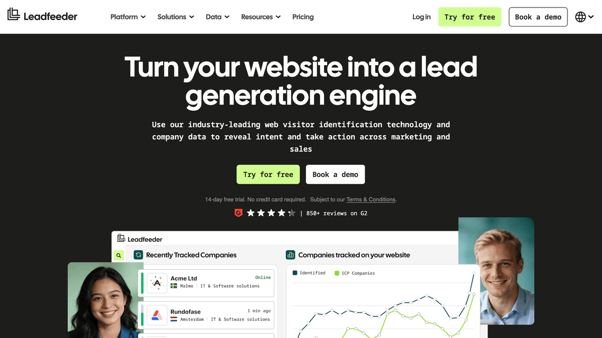 Leadfeeder (Dealfront) hero screen showing company-level website visitor identification dashboard