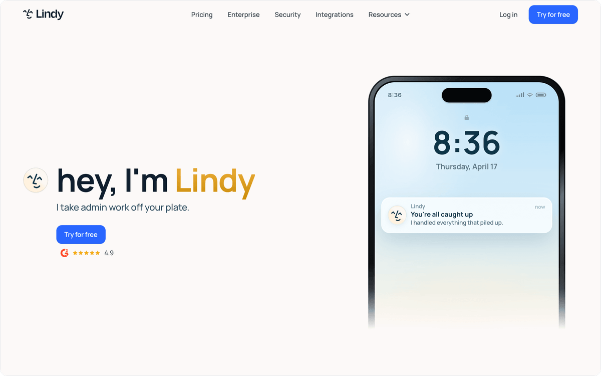 Primeira tela do site da Lindy mostrando configuração em linguagem simples de agentes de IA sem código para e-mail, agendamento e follow-ups