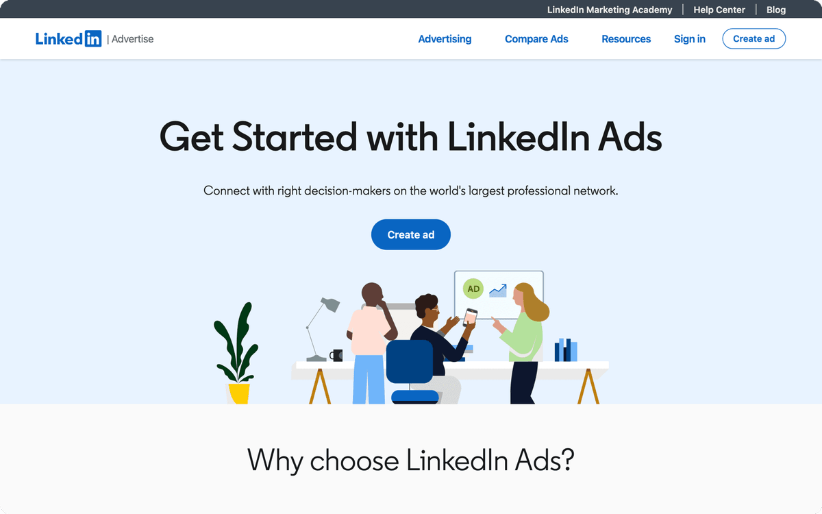 LinkedIn Ads business page first screen for B2B targeting by job title and company