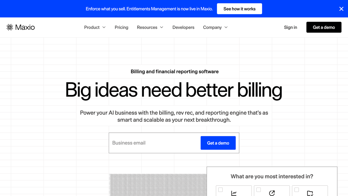 Maxio subscription management software first screen showing B2B billing and revenue recognition metrics