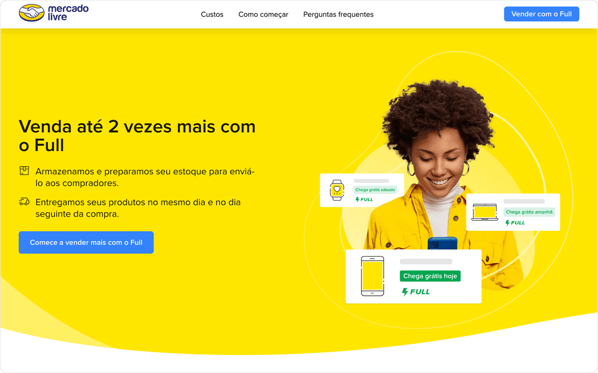Página do Mercado Envios Full com as vantagens de armazenar o estoque no Mercado Livre
