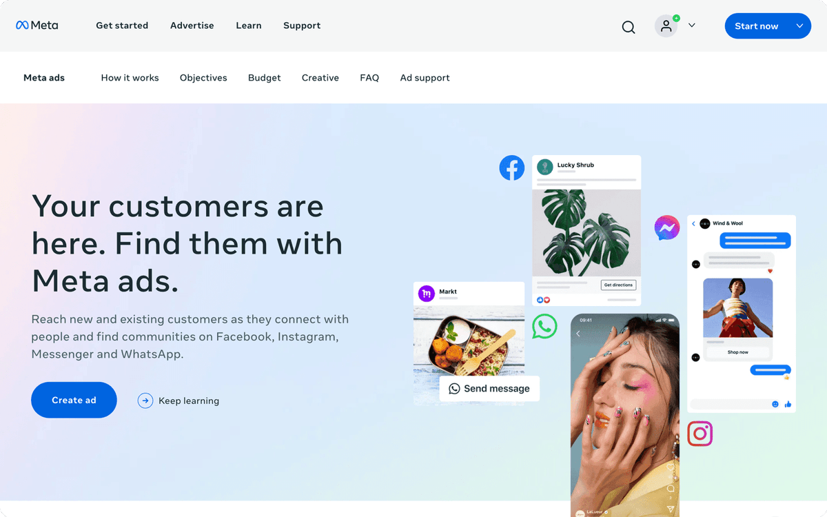 Meta Ads business page first screen for advertising across Facebook, Instagram, and Messenger