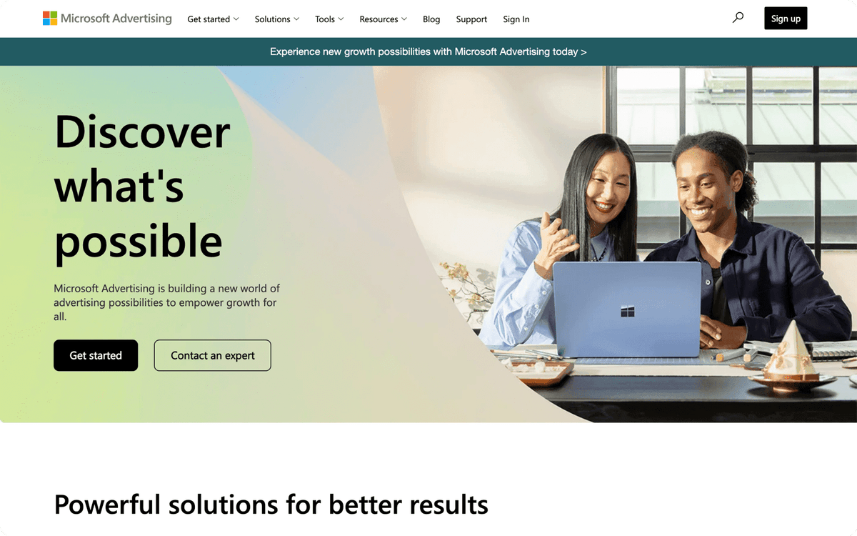 Microsoft Advertising homepage first screen for search ads on Bing, Copilot, and Microsoft partner sites