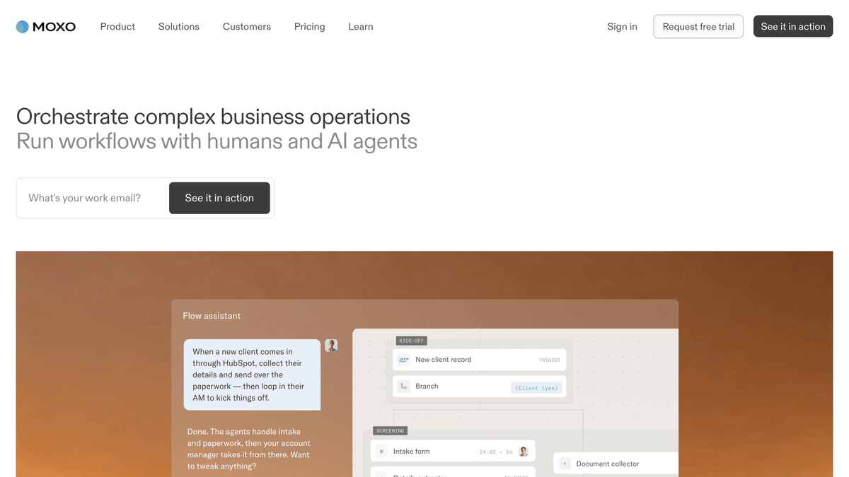 Página inicial do Moxo mostrando um portal do cliente seguro e com a marca para onboarding, documentos, aprovações e gestão de conta