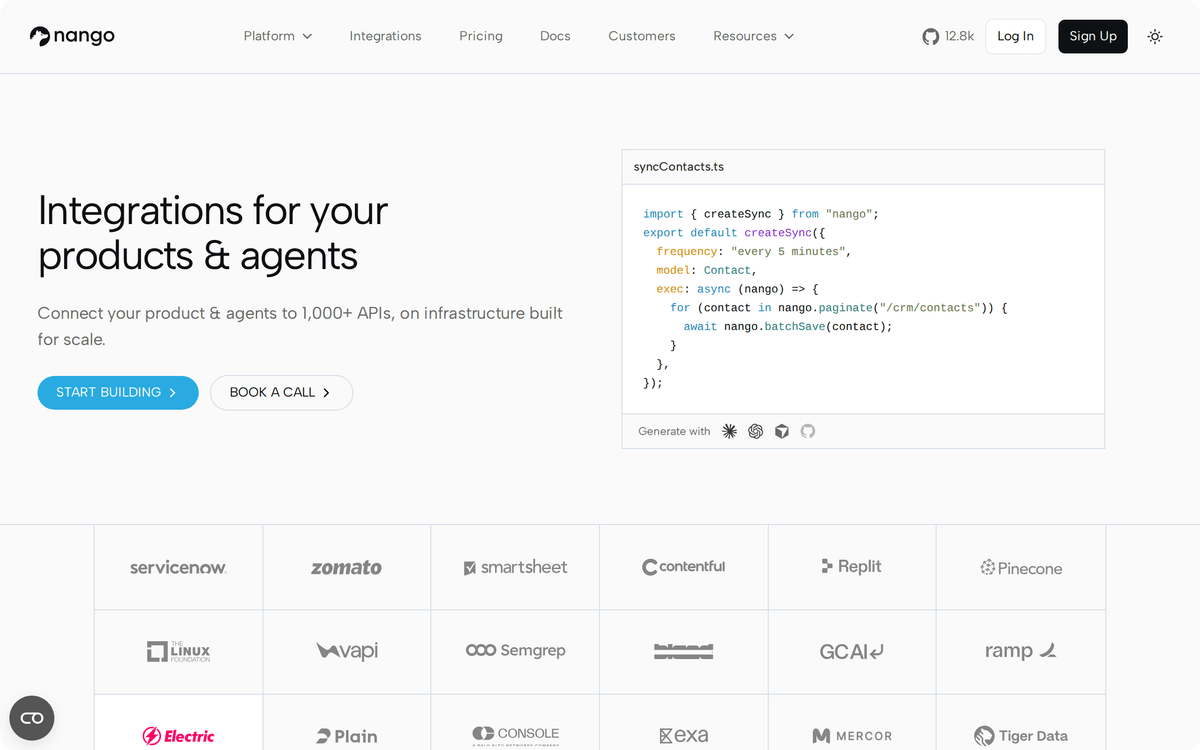 Nango code-first integration platform homepage