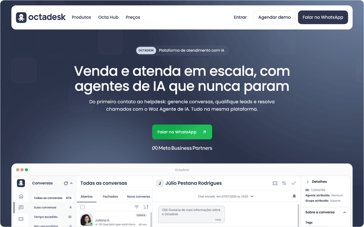 Página inicial da Octadesk, plataforma de atendimento e vendas com o Woz Agente de IA