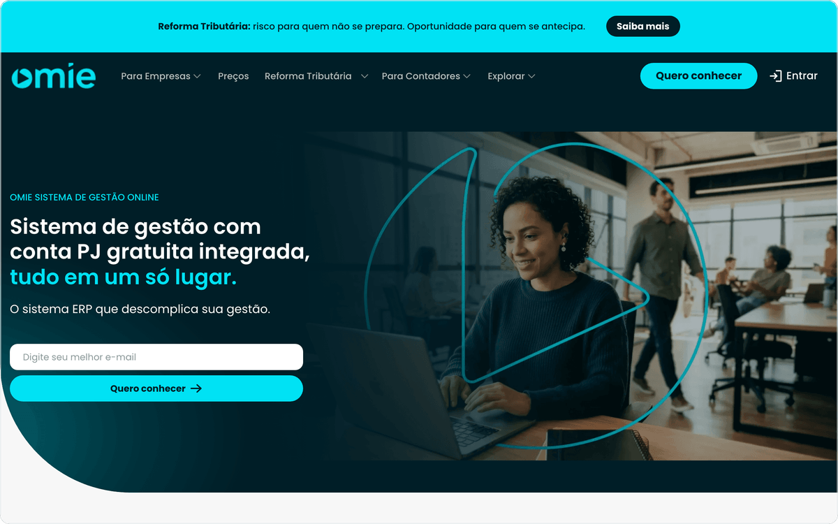 Página inicial da Omie, ERP com integração a marketplaces pelo Omie Hub