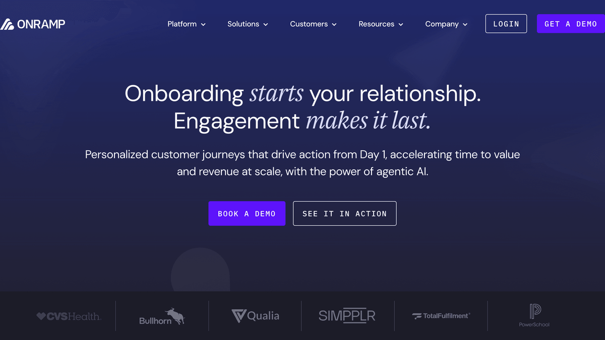 Página inicial do OnRamp mostrando uma plataforma de onboarding de clientes construída sobre planos de ação dinâmicos e adaptáveis