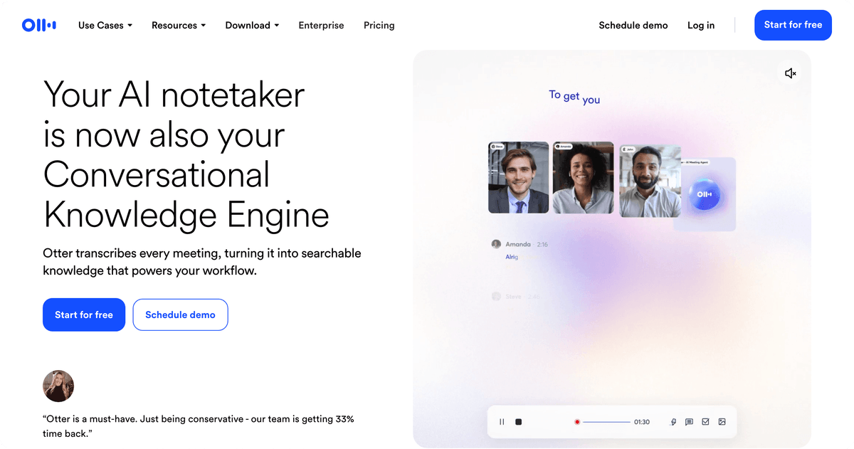 Otter.ai AI notetaker homepage showing meeting transcription and conversational knowledge engine