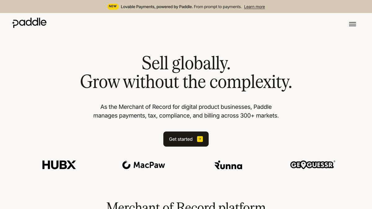 Paddle subscription management software first screen showing the merchant of record checkout and tax handling