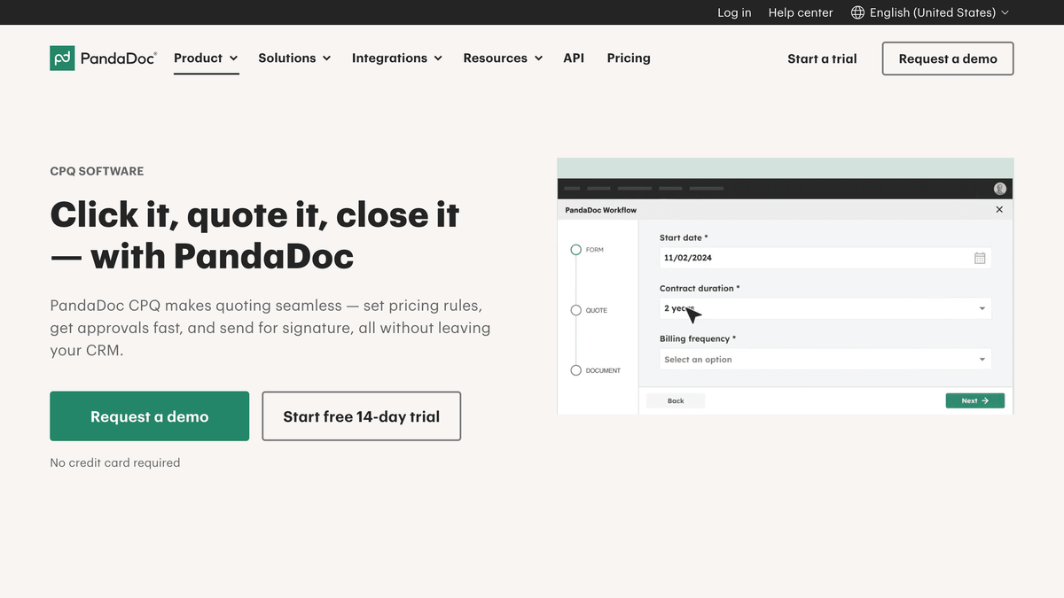 PandaDoc quote and proposal editor with pricing table screenshot