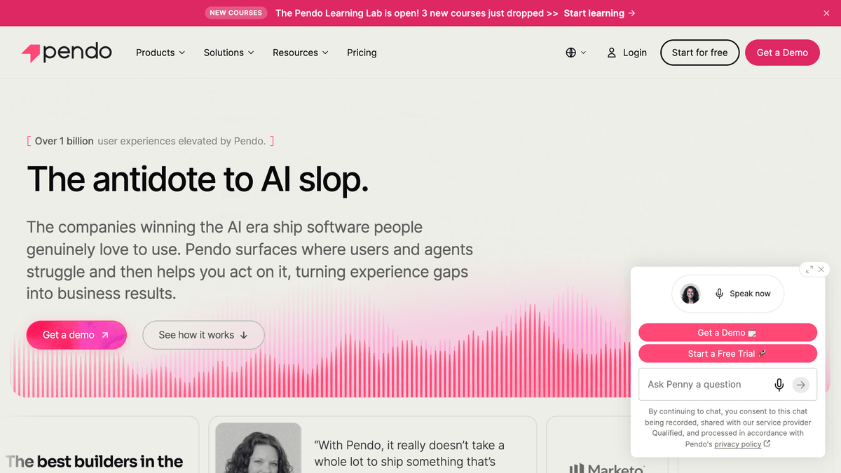 Página inicial do Pendo mostrando uma plataforma de experiência de produto que combina analytics de produto com guias de onboarding in-app