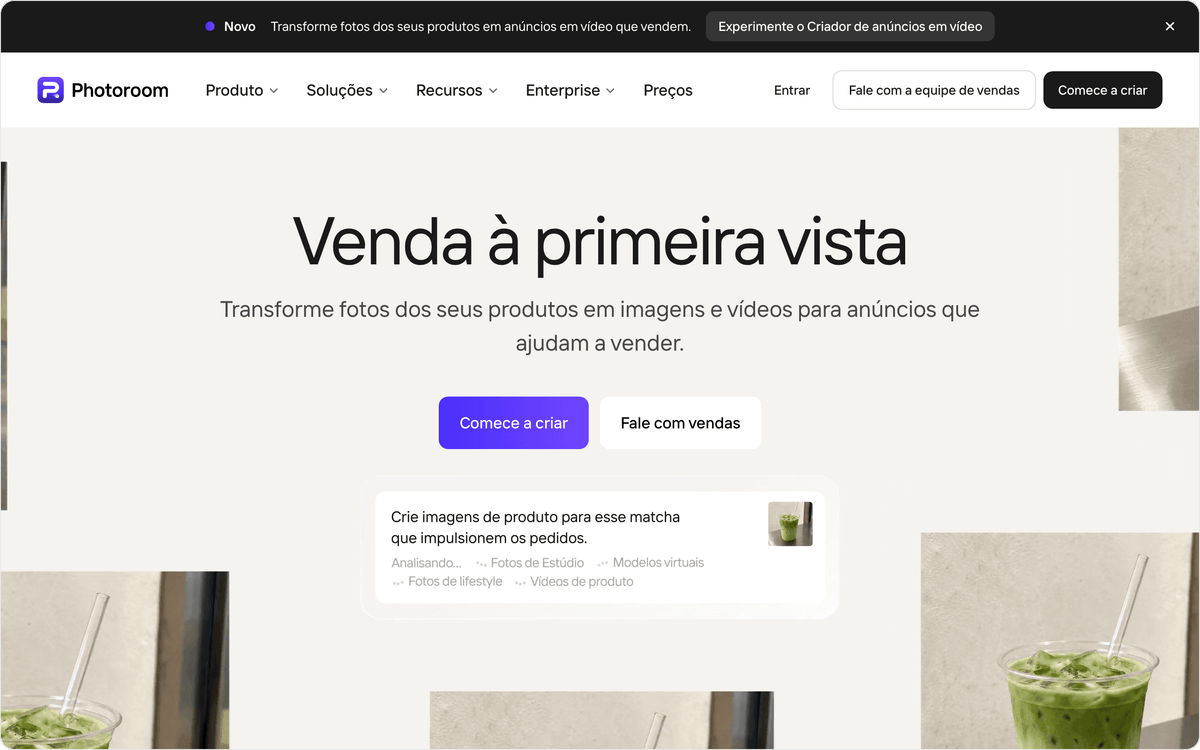 Página do Photoroom em português, ferramenta de IA para fotografia de produto