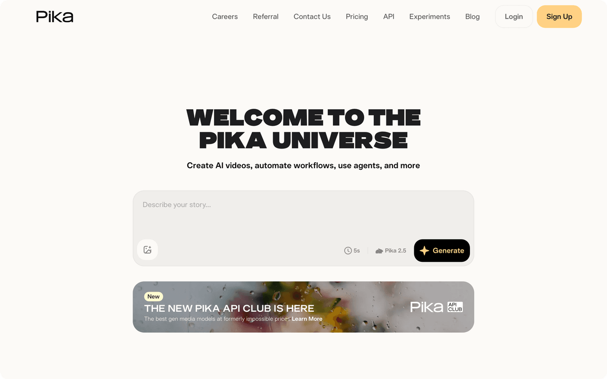 Pika AI video generator homepage