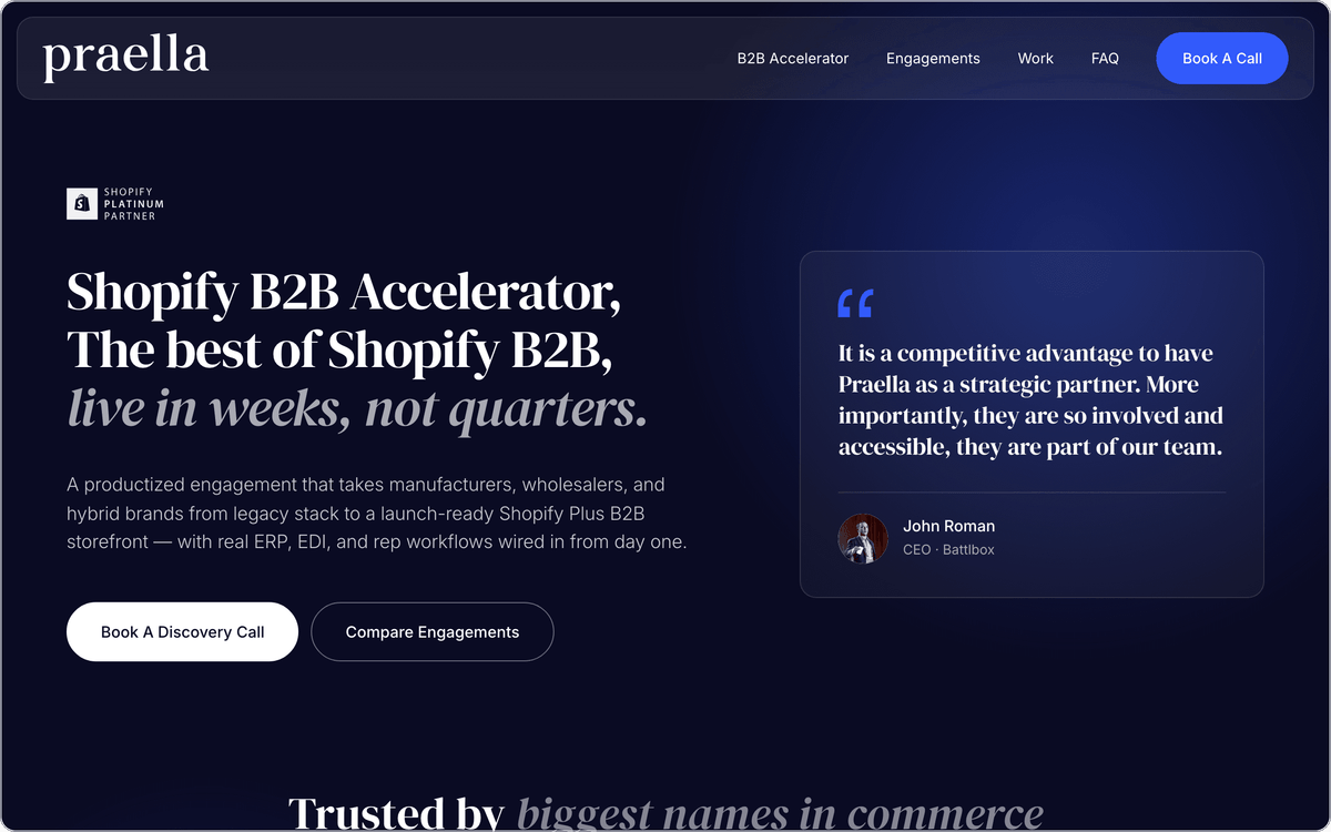 Praella Shopify B2B Accelerator page, first screen