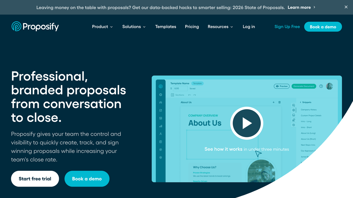 Proposify proposal editor and engagement analytics dashboard screenshot