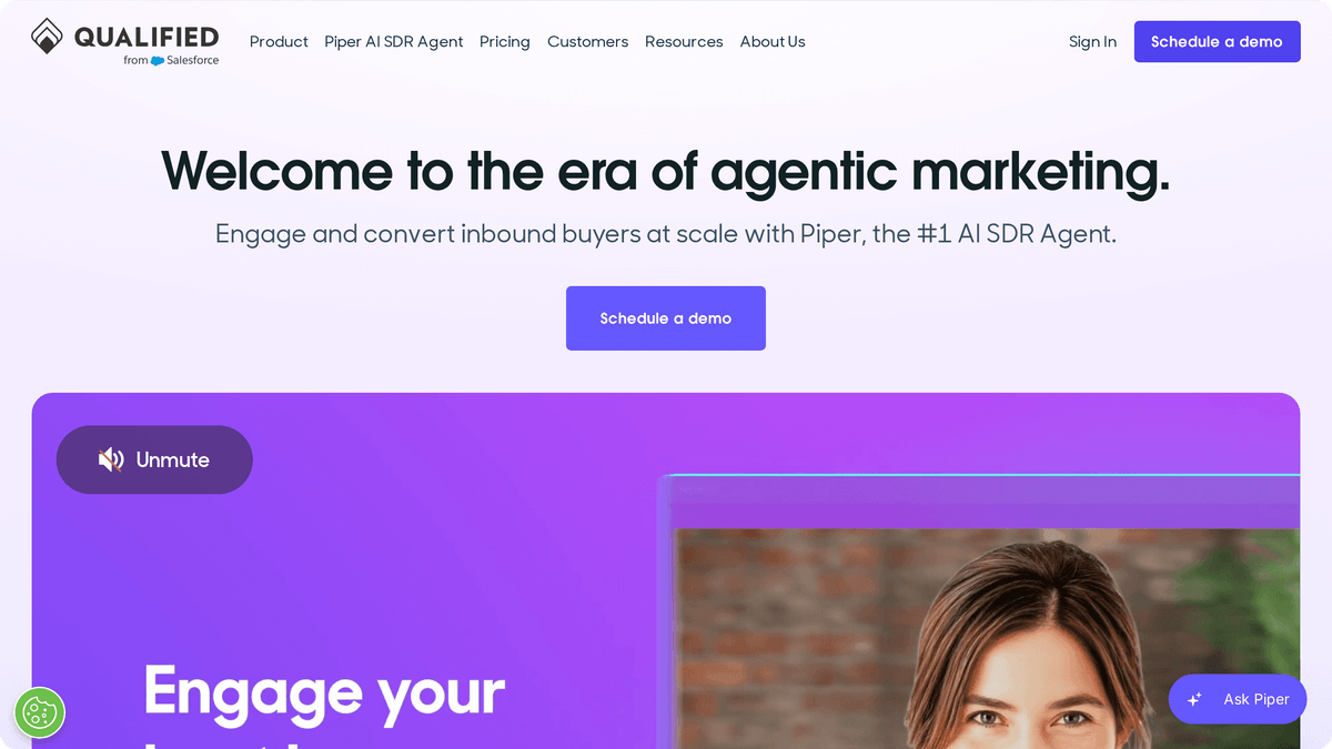 Qualified homepage featuring Piper, the inbound AI SDR agent for website buyers