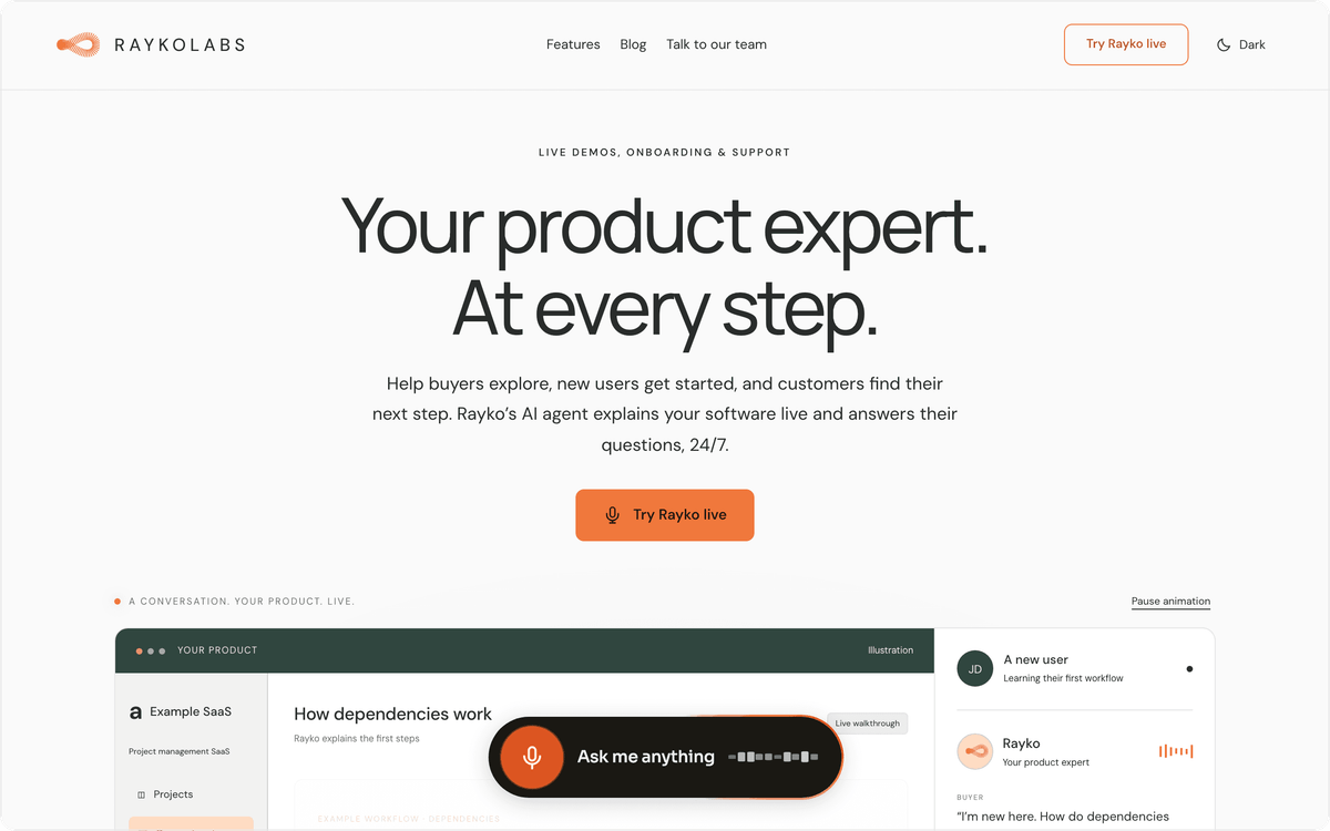 Rayko AI demo and support agent homepage, first screen