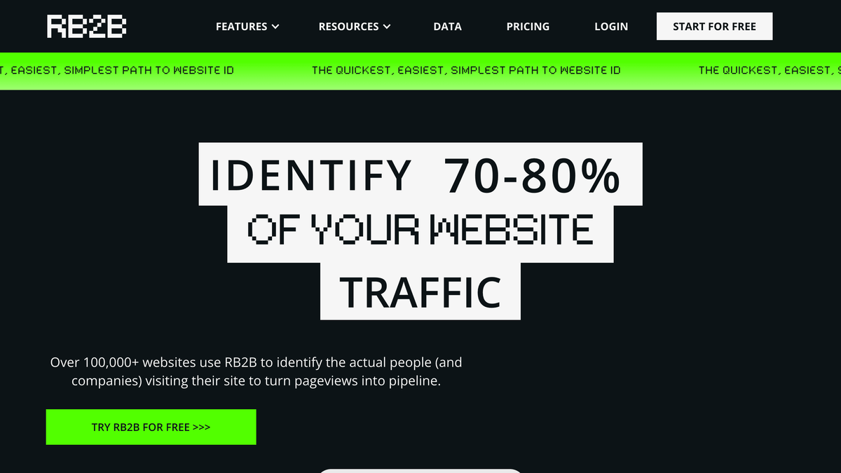 RB2B website visitor identification hero screen showing person-level visitor profiles pushed to Slack