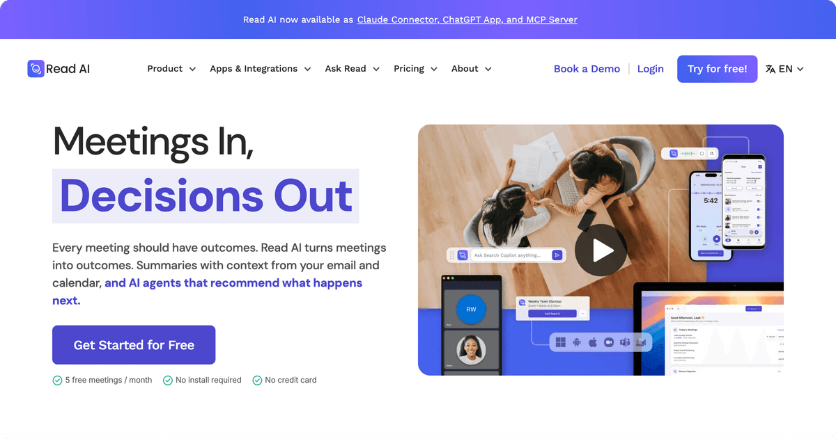Read.ai meeting analytics homepage showing engagement scoring and summaries