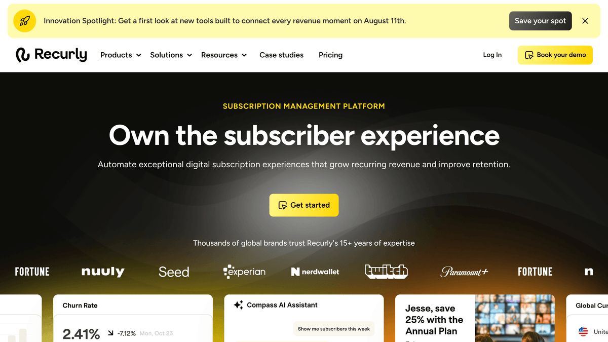 Recurly subscription management software first screen showing churn recovery and subscriber analytics