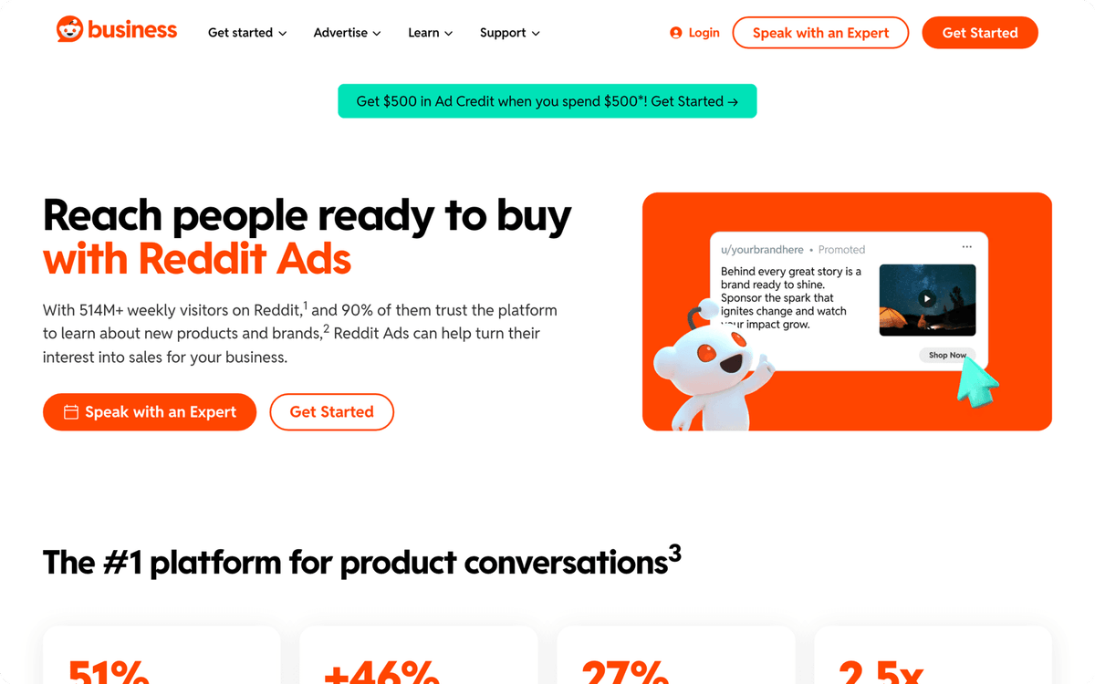 Reddit Ads business page first screen for targeting niche communities