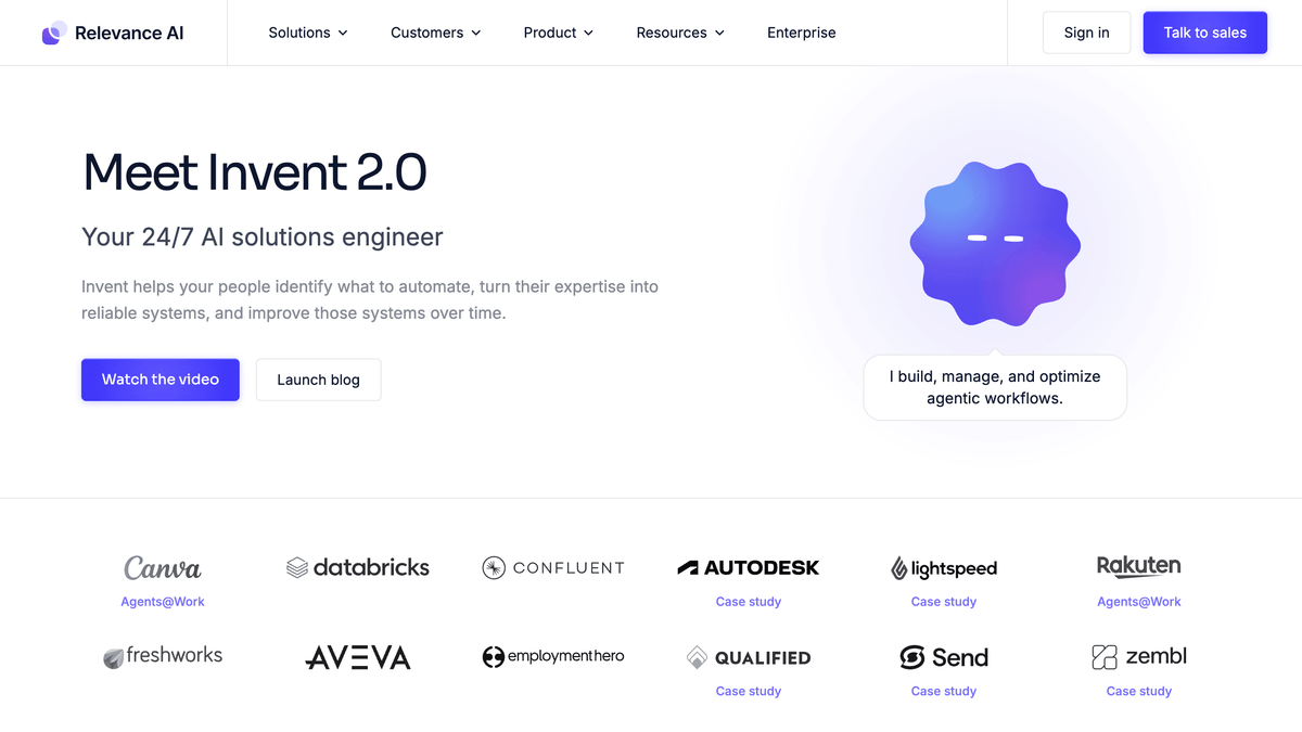 Relevance AI homepage, no-code platform for building custom AI agents