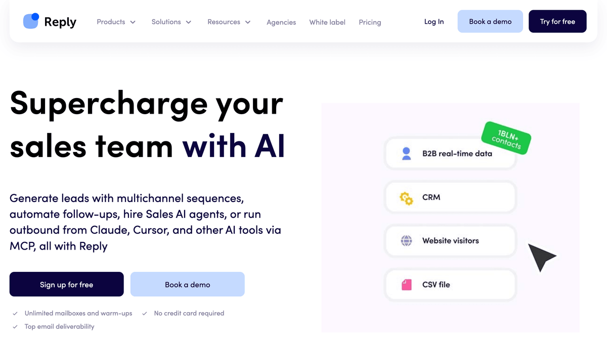 Reply.io homepage, multichannel outbound sequences with AI sales agents