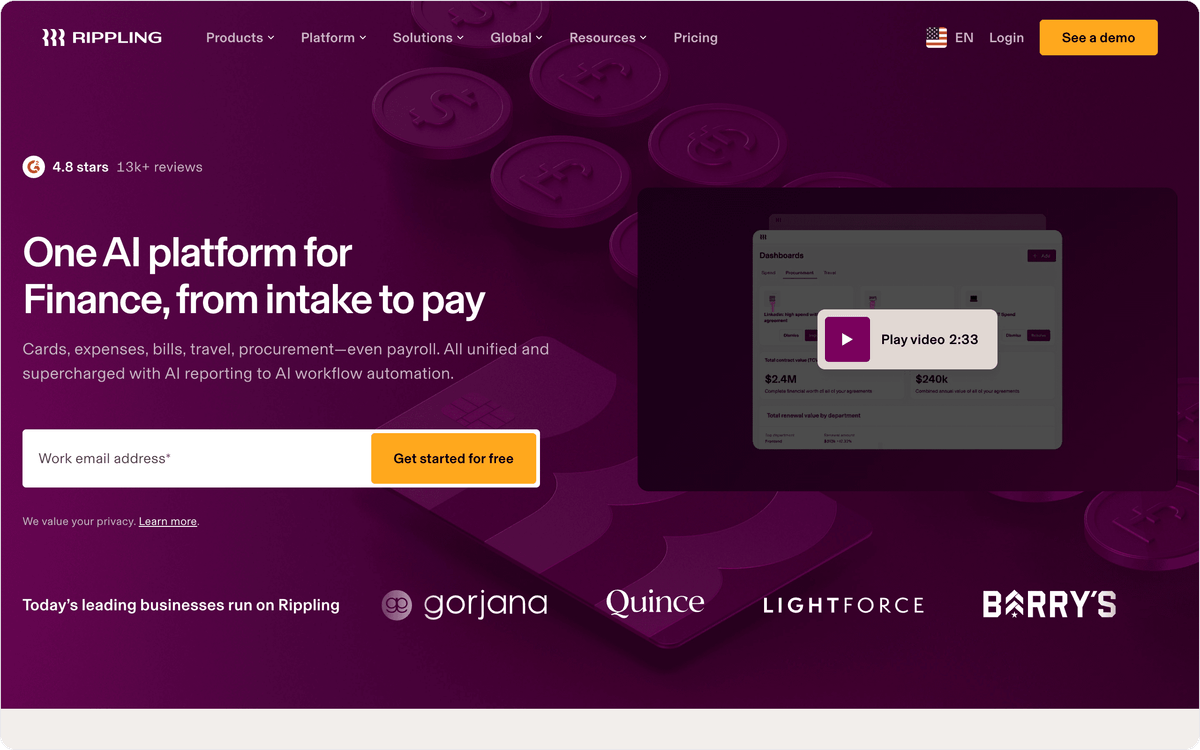 Rippling Spend software de gestão de despesas primeira tela mostrando cartões corporativos e reembolsos ligados a dados de RH e folha