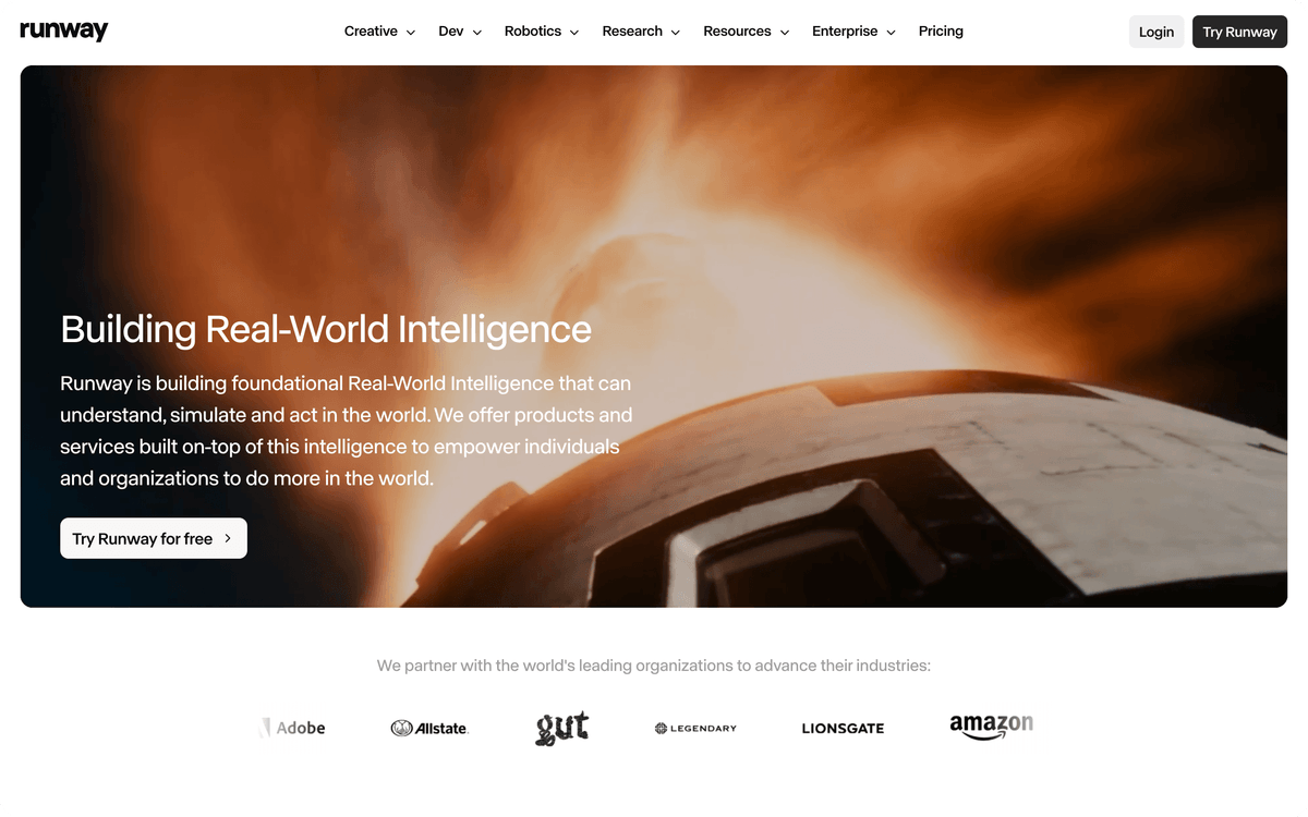 Runway AI video generator homepage