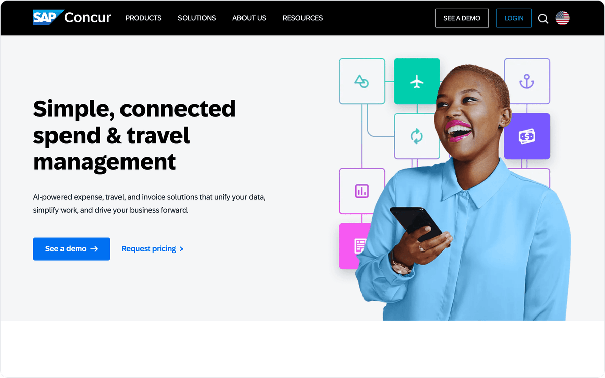 SAP Concur software de gestão de despesas primeira tela mostrando gestão enterprise de viagem, despesa e fatura