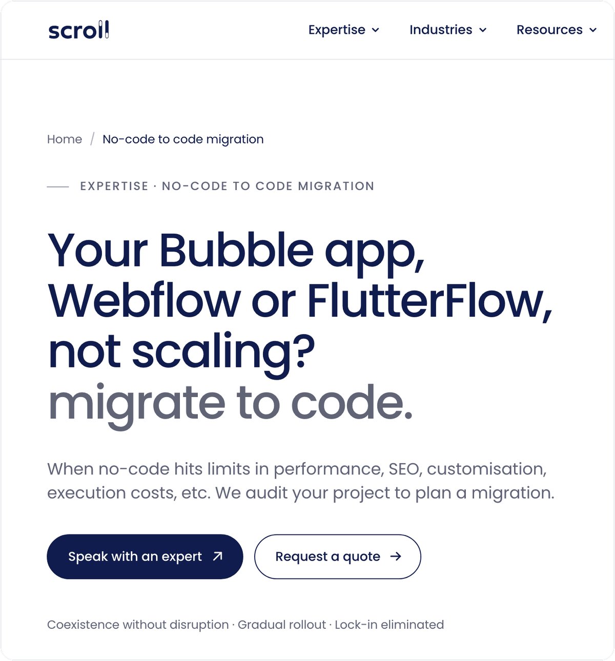 Scroll no-code to code migration page, first screen