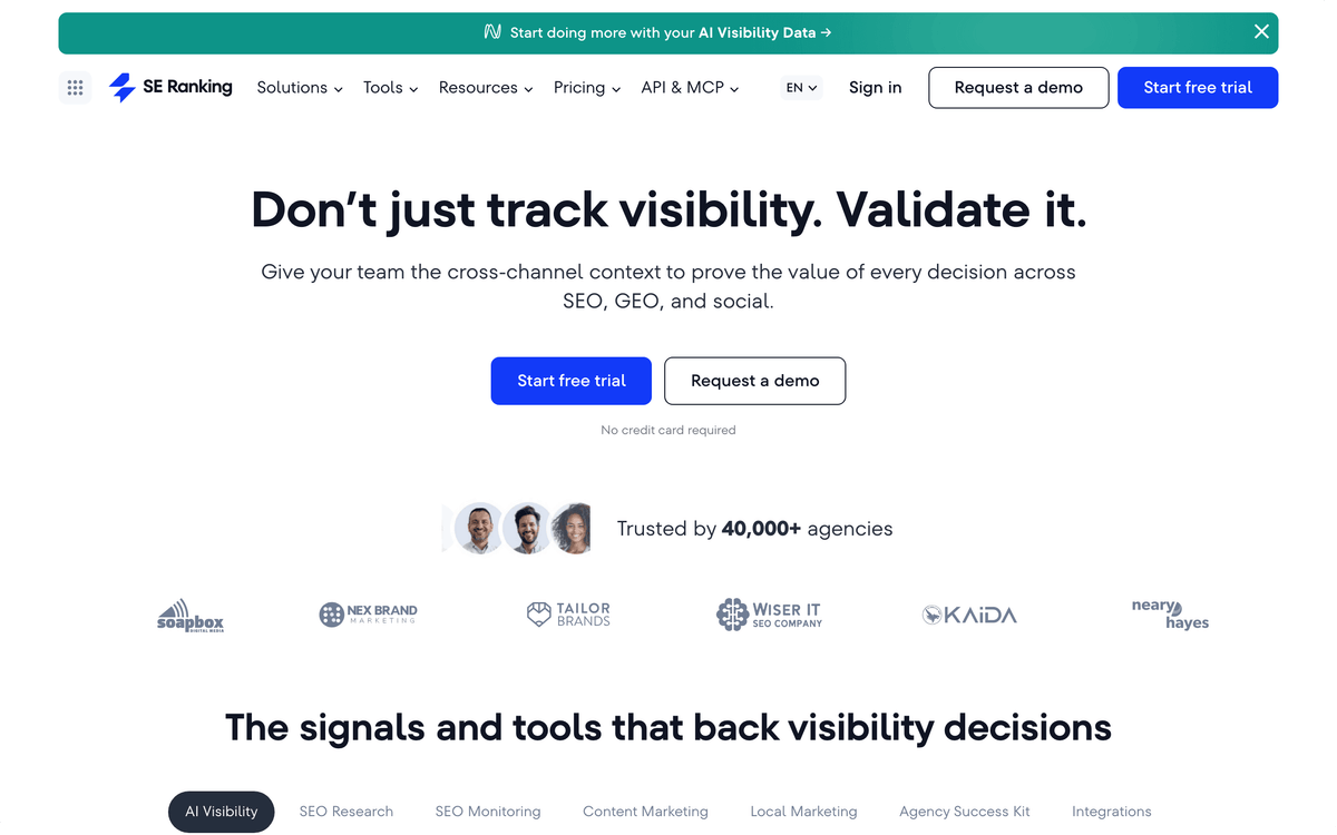 SE Ranking homepage hero showing the agency-focused SEO suite dashboard