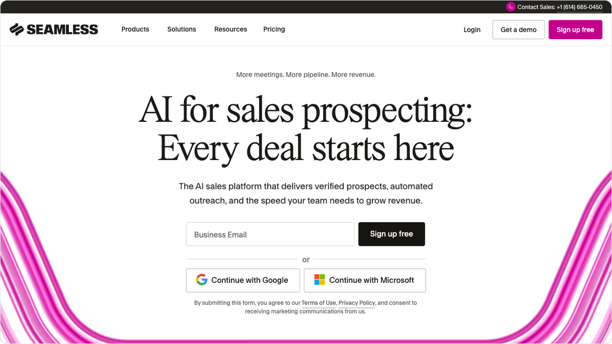 Seamless.AI hero section showing real-time contact data search engine for sales
