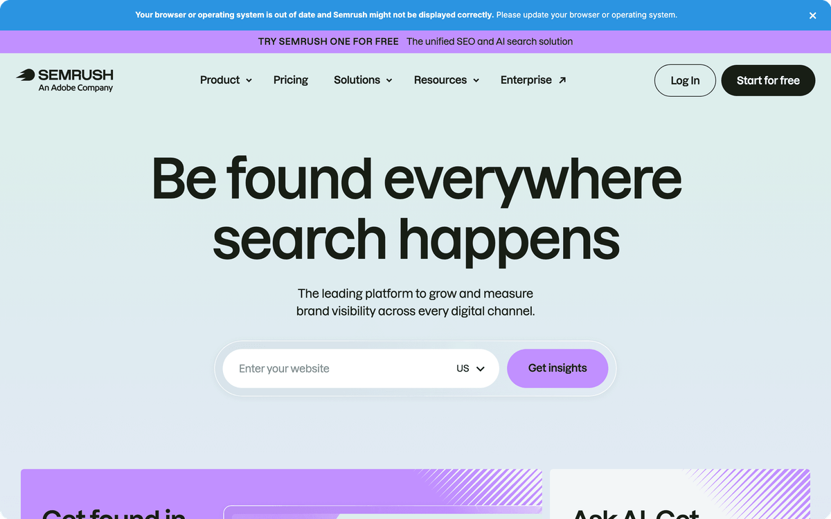 Semrush homepage hero showing the all-in-one SEO suite dashboard
