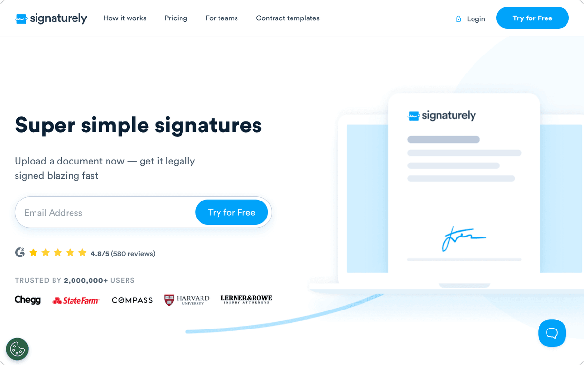 Signaturely homepage screenshot showing the e-signature tool interface