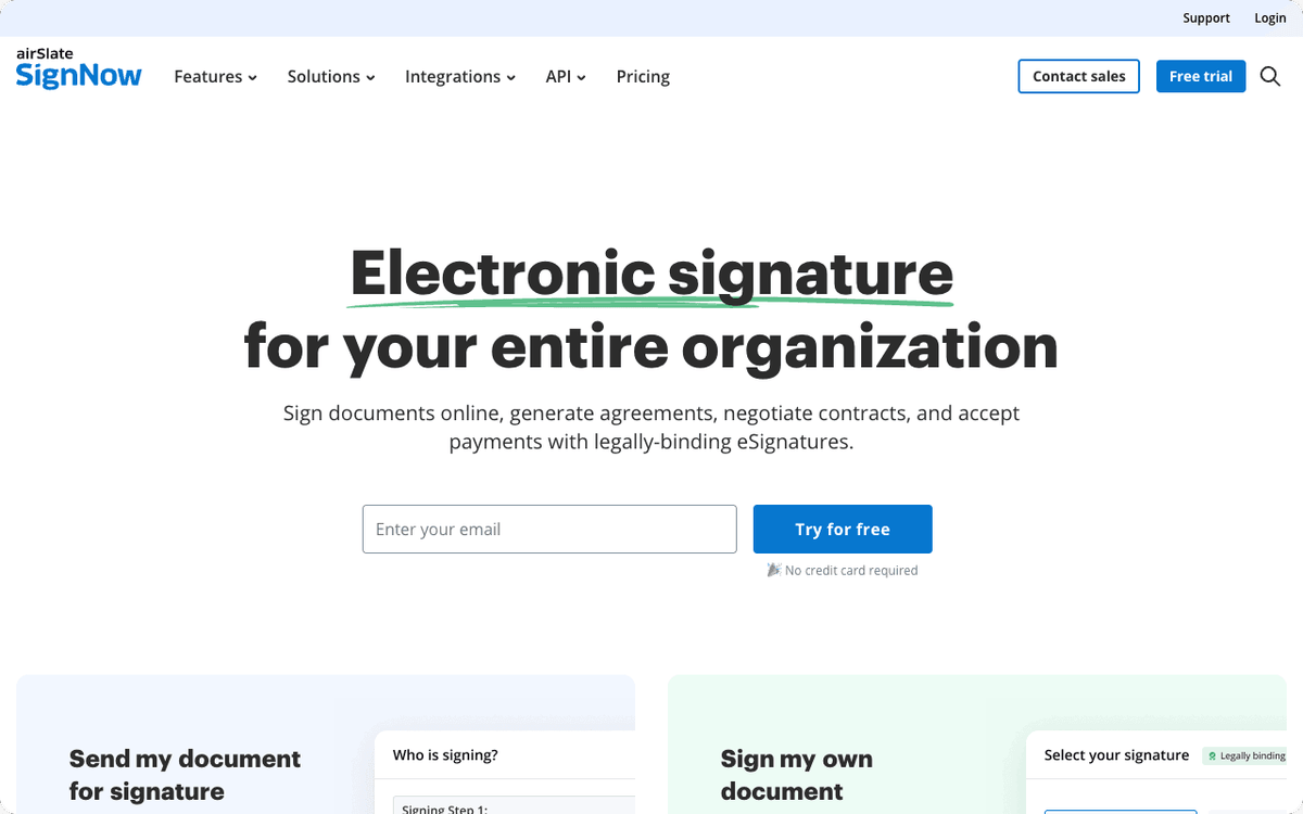 airSlate SignNow homepage screenshot showing the digital signature platform