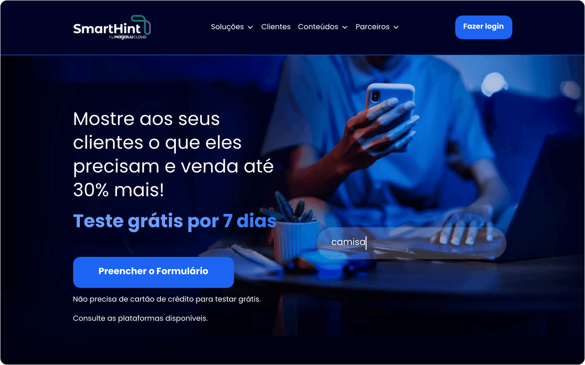 Página inicial da SmartHint, ferramenta de busca inteligente e vitrines de recomendação com IA