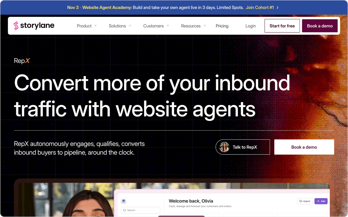Storylane RepX website agent page, first screen