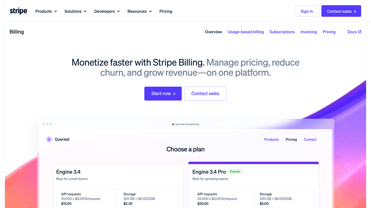 Stripe Billing subscription management software first screen showing recurring billing built on the Stripe payments core