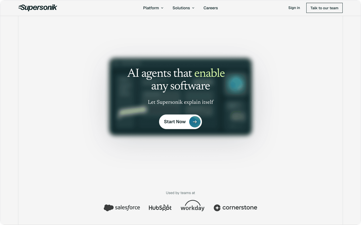 Supersonik AI agents homepage, first screen