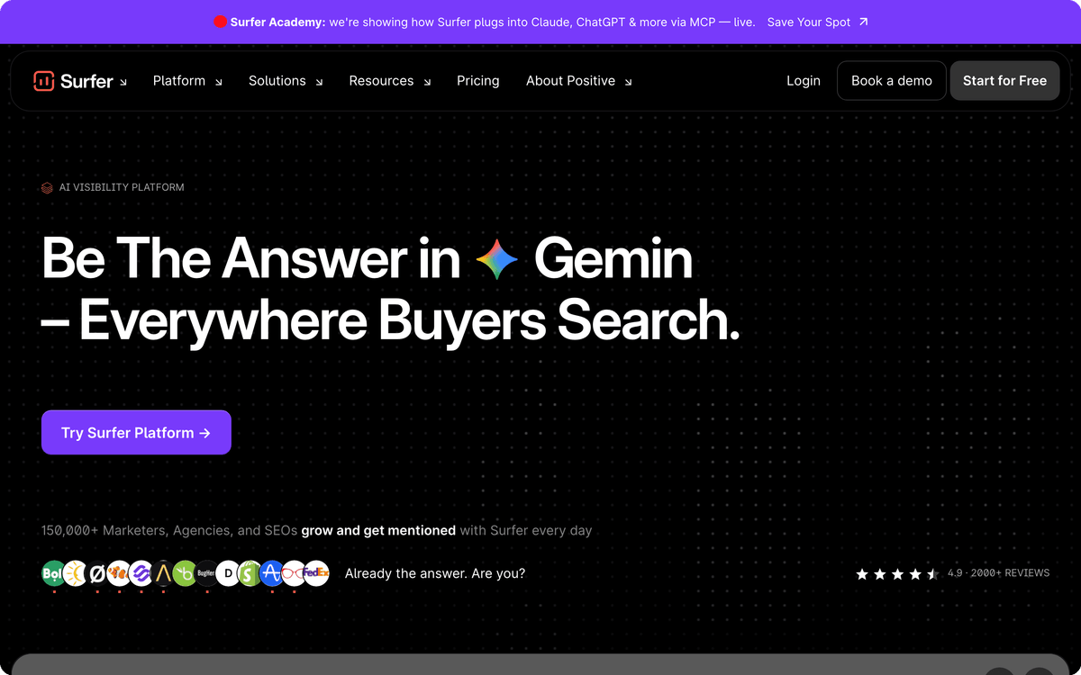 Surfer SEO homepage hero showing the content editor and live scoring interface