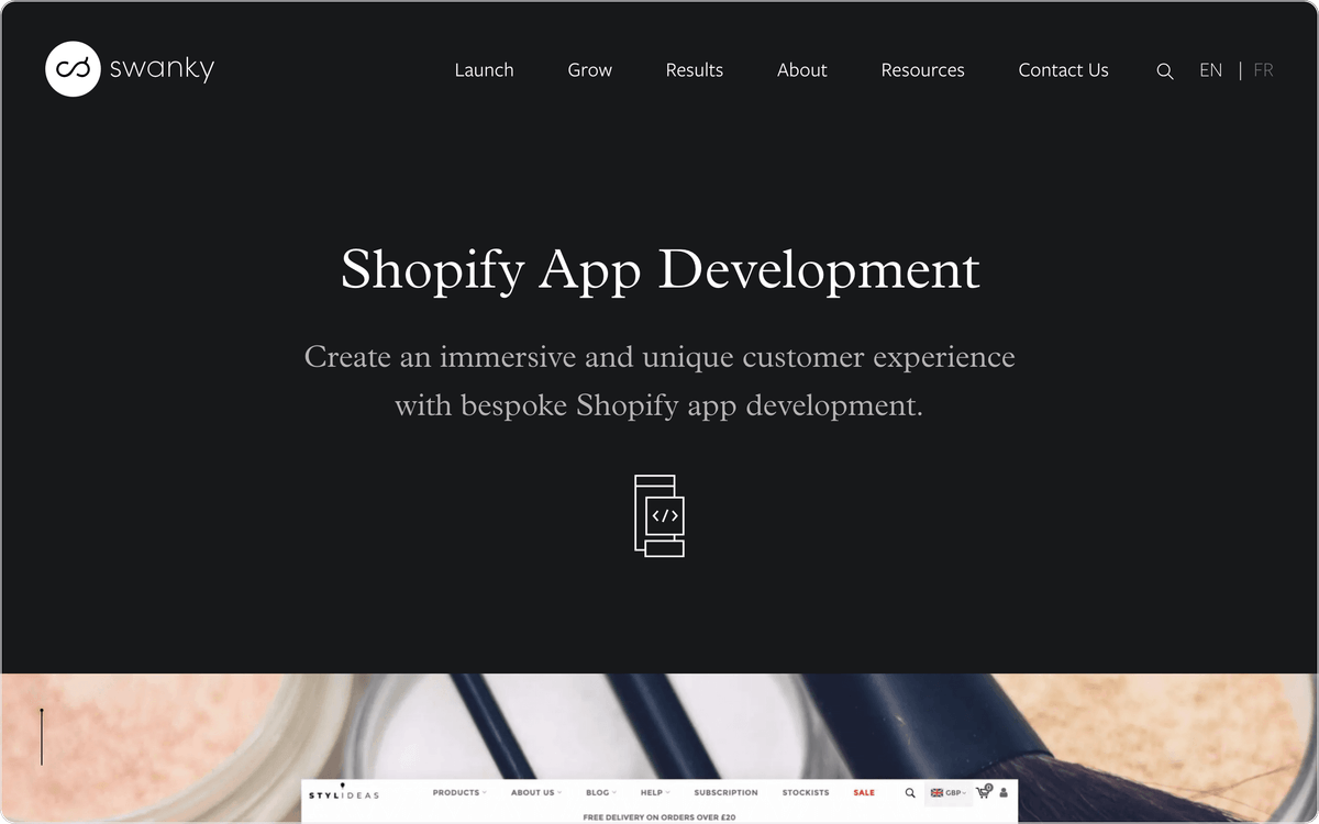 Swanky Shopify app development page, first screen